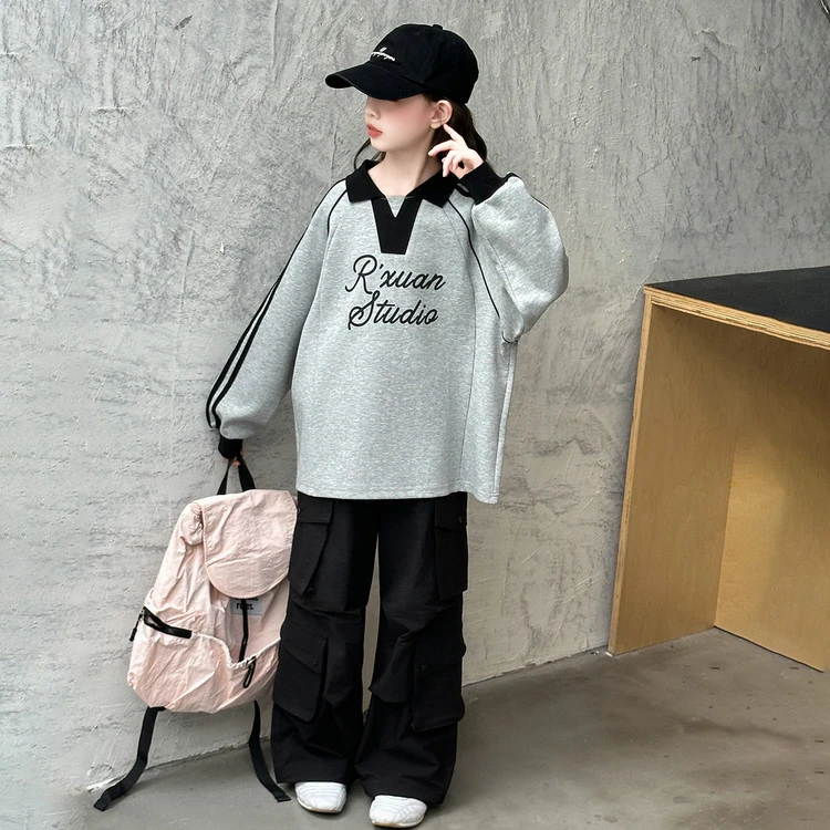 中大童童装潮童女孩6-12岁潮款套装女童秋装卫衣工装裤两件套洋气