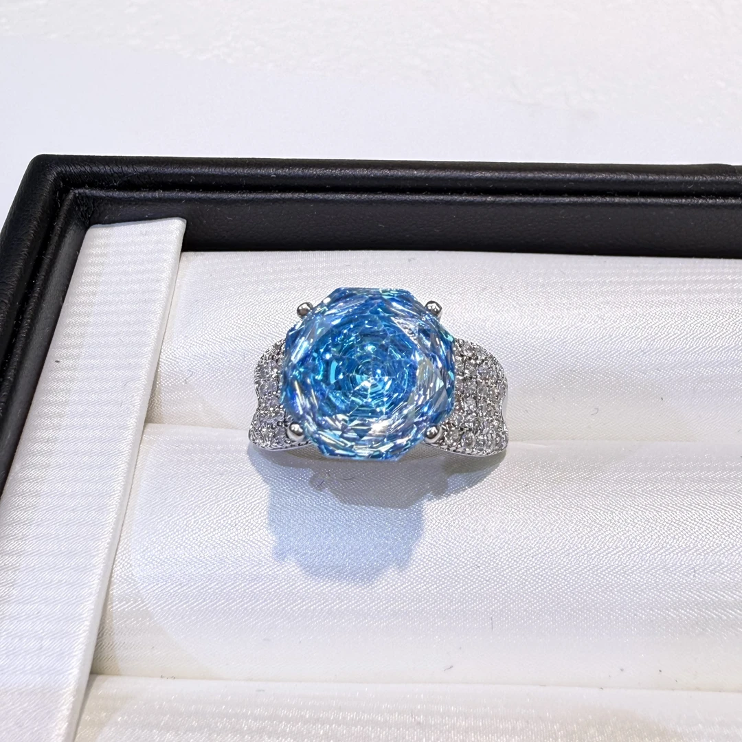 铜合金锆石戒指 ZS710蓝-千禧切海蓝戒指时尚欧美