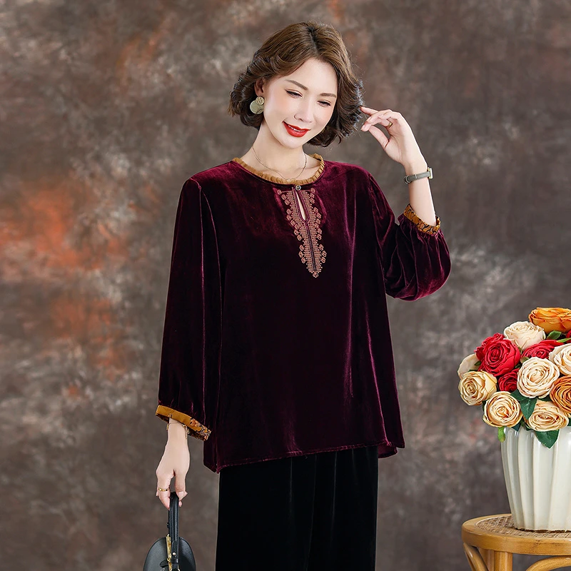 齐黛酒红色丝绒新款高端上衣2025秋新款长袖刺绣气质洋气妈妈衬衫