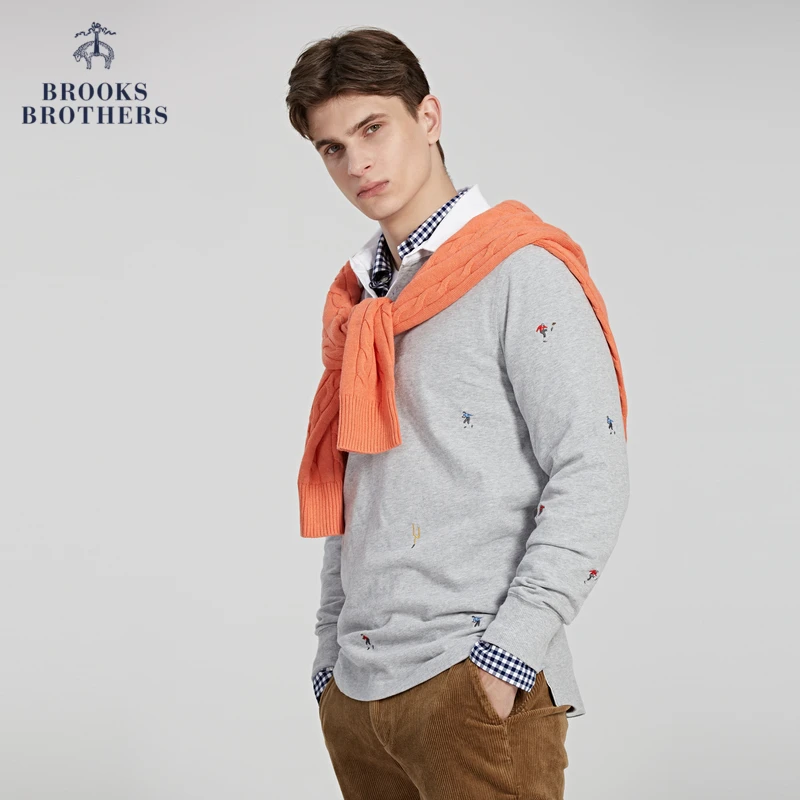 Brooks Brothers/布克兄弟男士秋纯棉翻领休闲刺绣长袖卫衣