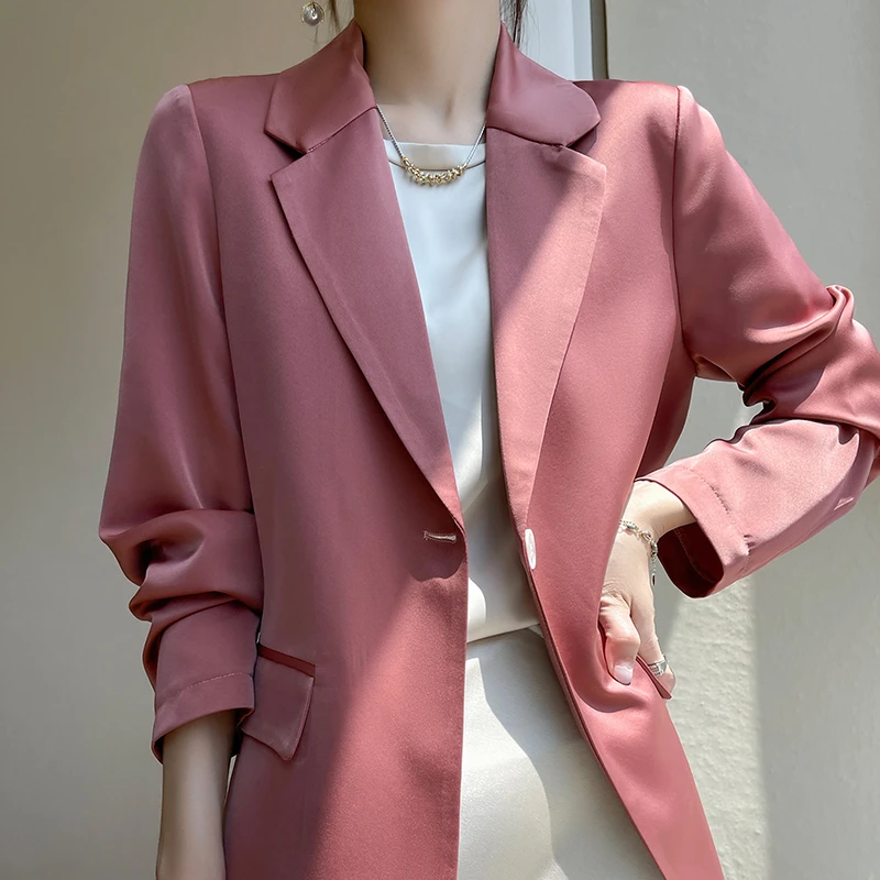 纯色长袖西装时尚中国风宽松西服韩版休闲小西服气质短款缎面