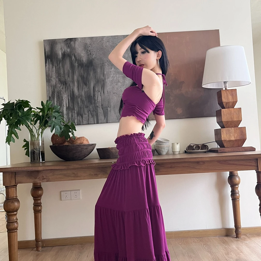 【宣宣家】（雾漫几岸）紫色韵味辣妹露肩上衣半裙套装-SXYYN402753