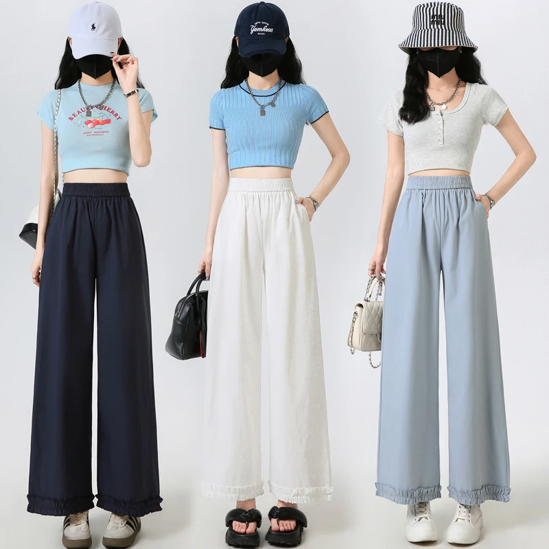 棉阔腿裤2025女夏季小个子显瘦宽松直筒垂感木耳边九分裤子