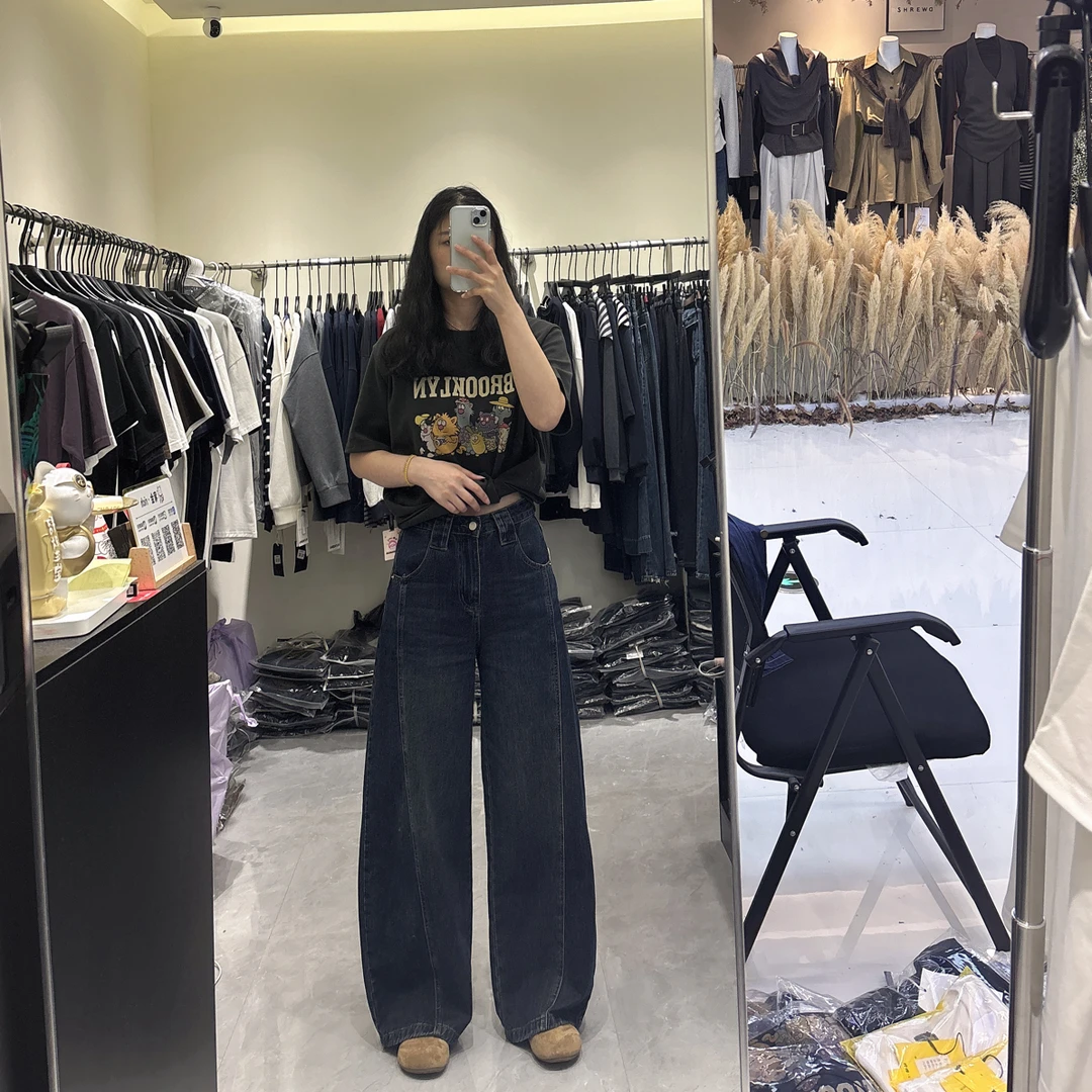 小众设计感复古高腰弯刀阔腿牛仔裤宽松显瘦垂感拖地裤