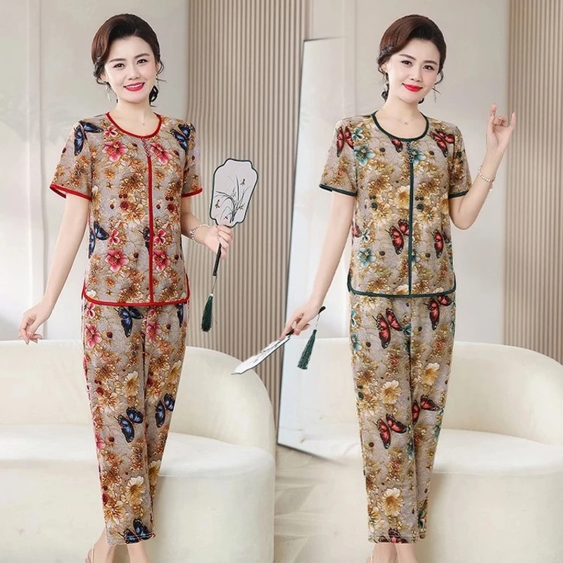 妈妈夏装冰丝裤套装凉快透气中年夏季小衫短袖圆领两件套2025新款
