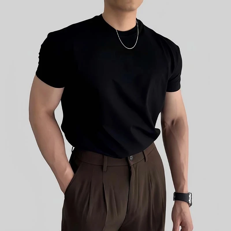 夏季修身短袖男生圆领上衣服美式高街痞帅健身休闲T恤显肌肉打底