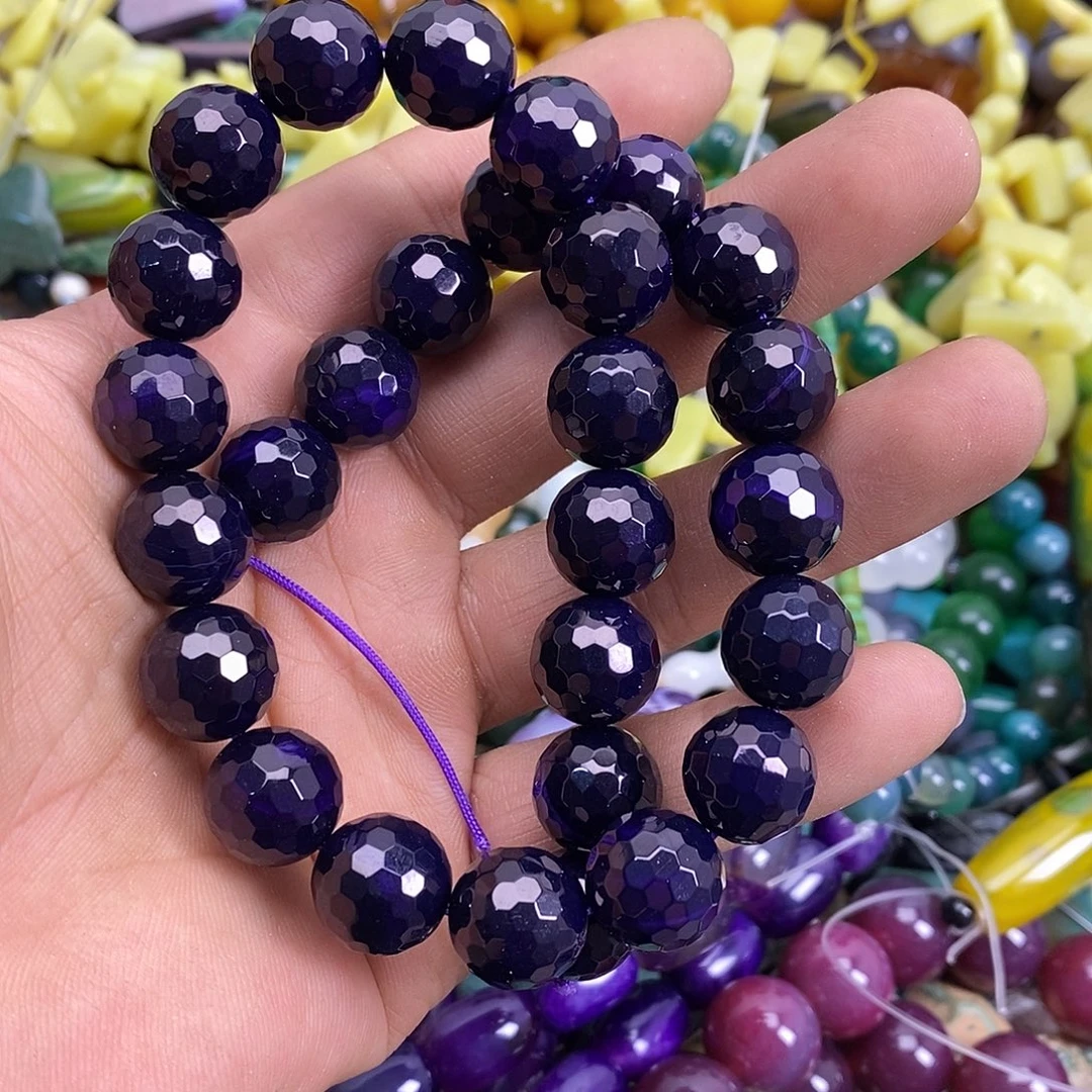 玛瑙/玉髓未镶嵌珠宝半成品切面圆珠一条装