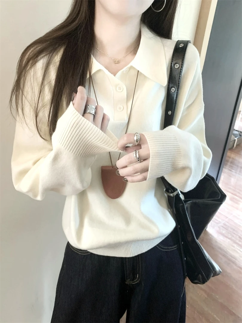 秋季新款法式高级感polo领正肩长袖百搭针织衫毛衣女翻领t恤上衣