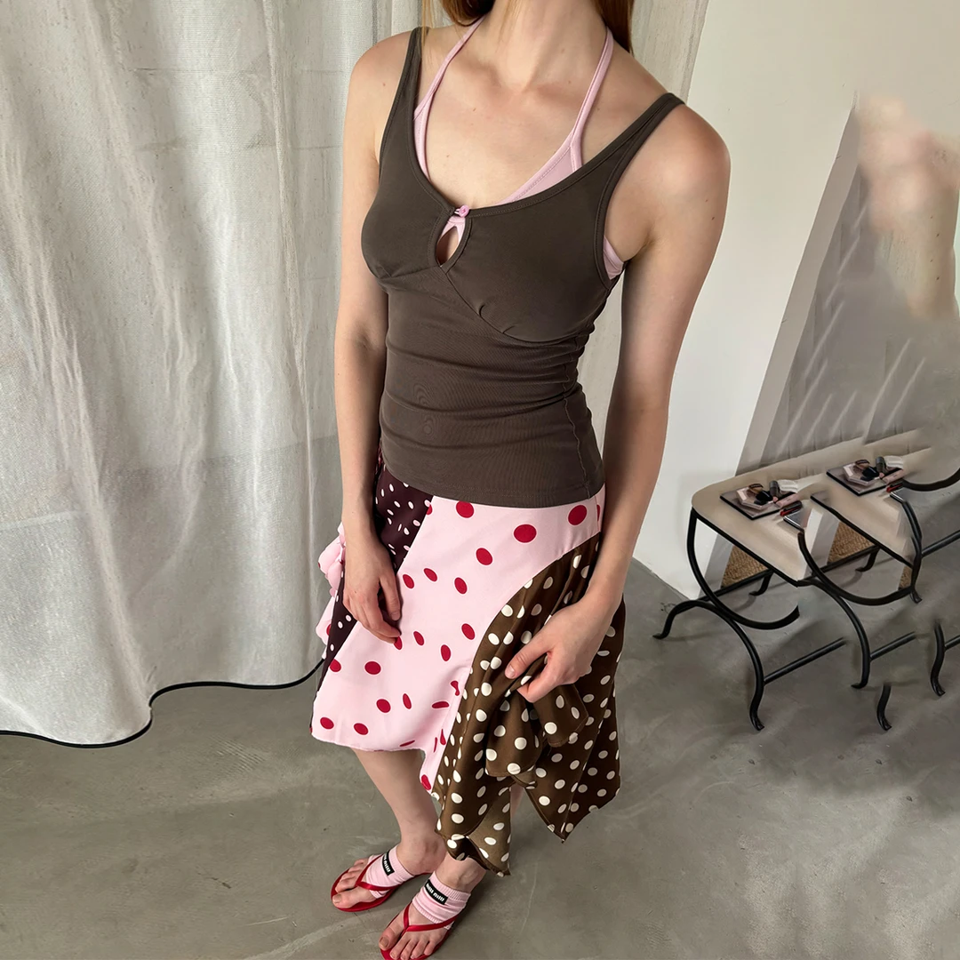 Gemini买手店Oclock复古不规则拼接粉棕碎花波点半裙新款半身裙