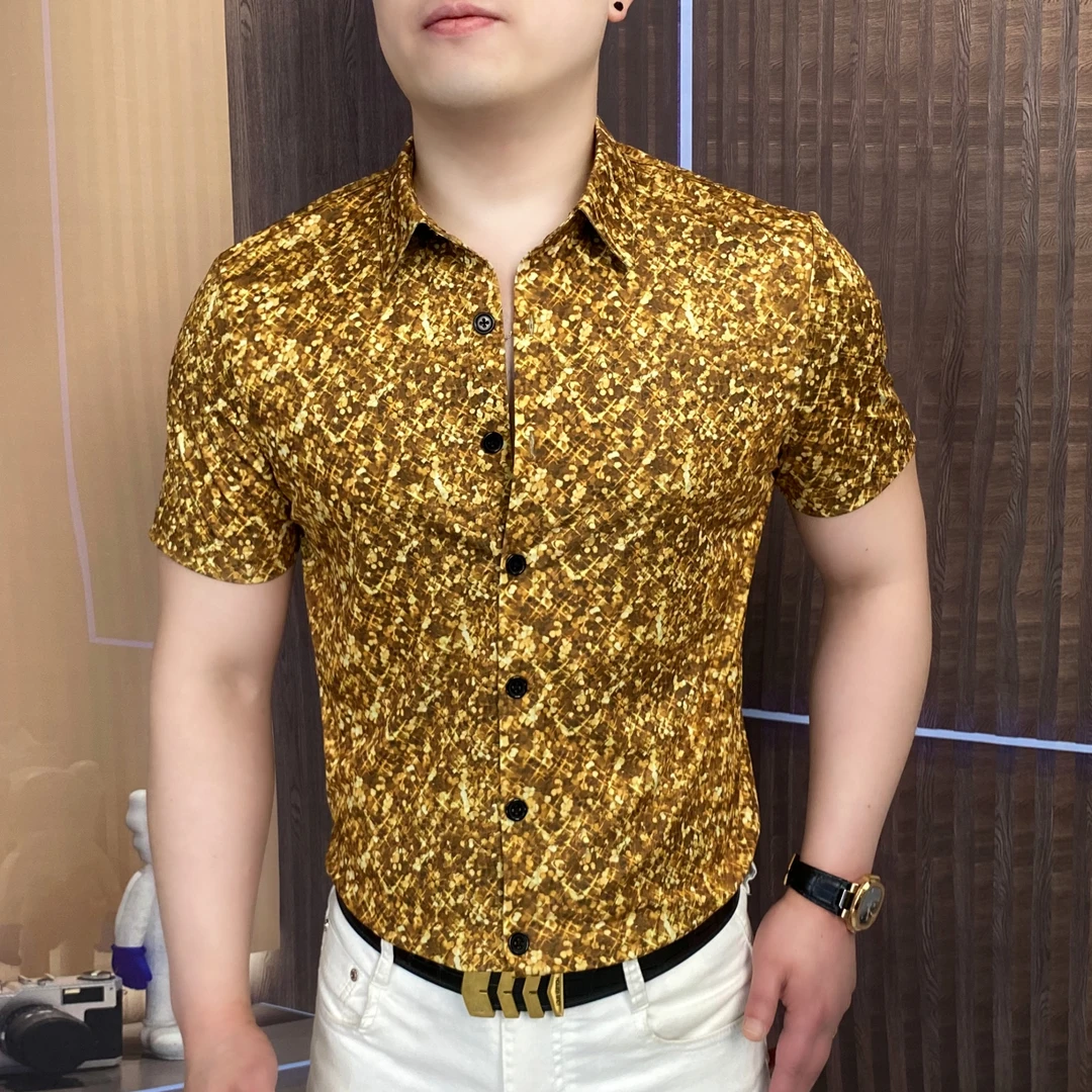 《金菊花》夏季弹力商务印花帅气韩版短袖翻领男士时尚休闲薄款潮流