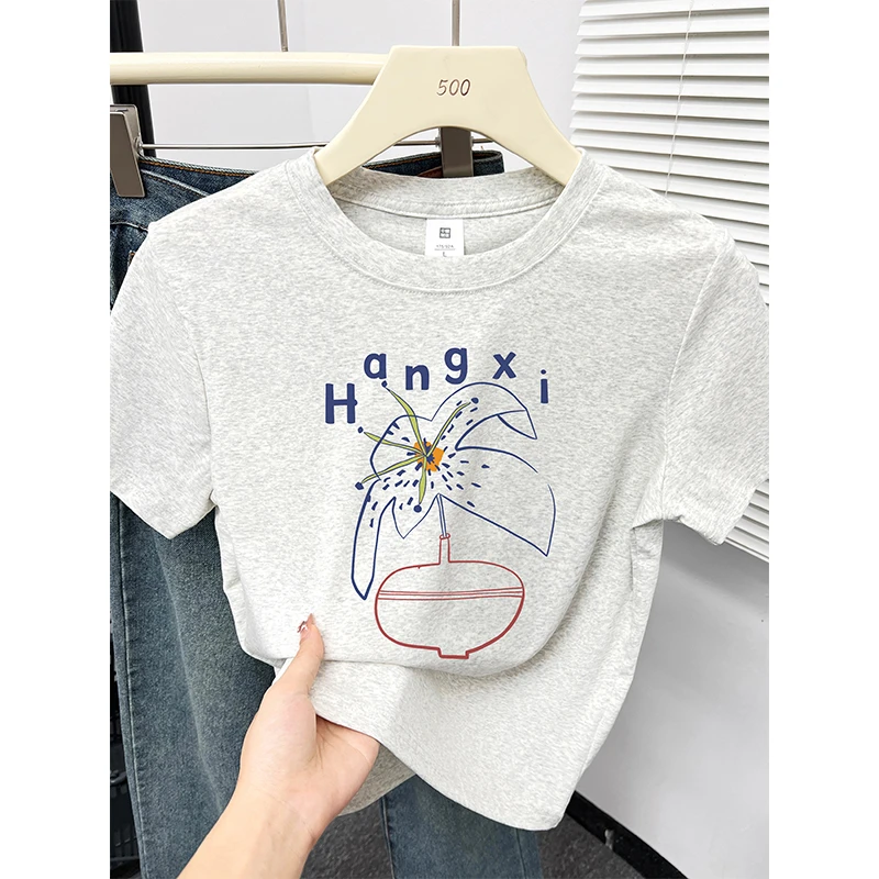 夏季2025新款韩系ins减龄洋气设计感印花白灰色正肩短袖t恤上衣女