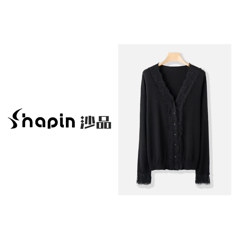 慵懒法式蕾丝V领气质长袖针织衫温柔风宽松显瘦薄款小衫女MM3613