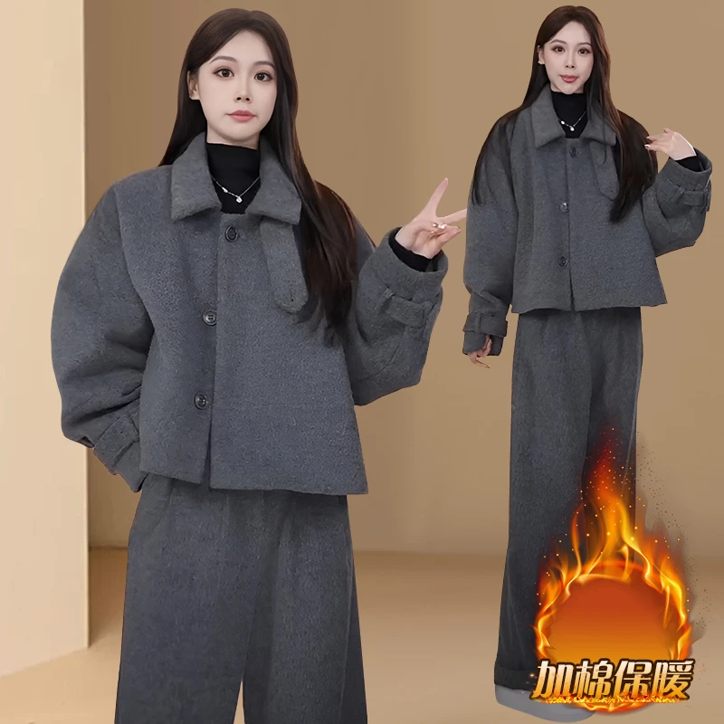 韩系搭配一整套冬装高级感时尚小香风毛呢外套阔腿显瘦休闲裤套装
