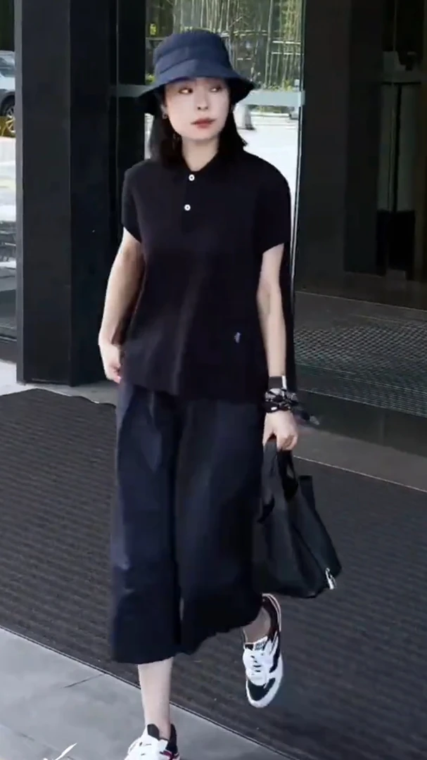 (现货)夏新款时尚显瘦女士polo领短袖上衣配休闲阔腿裤套装D5189