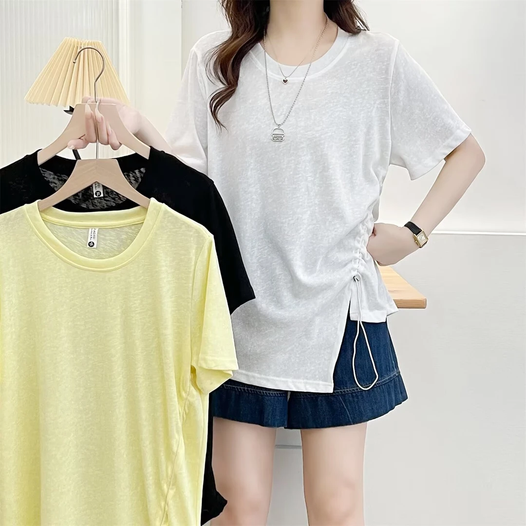 JIANAOBEN/简澳本大码洋气显瘦宽松设计感抽绳开叉圆领短袖T恤