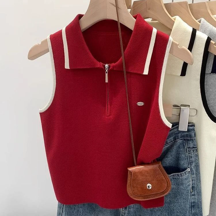 撞色半拉链翻领无袖针织外穿女夏款高级设计感小众韩系无袖上衣女