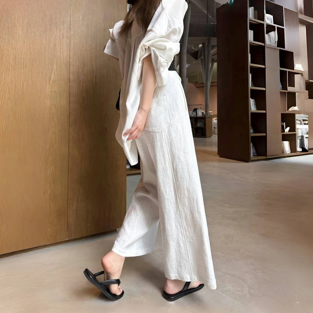 白色亚麻苎麻阔腿裤女2025夏季薄款透气棉麻九分裤黑色西装阔腿裤