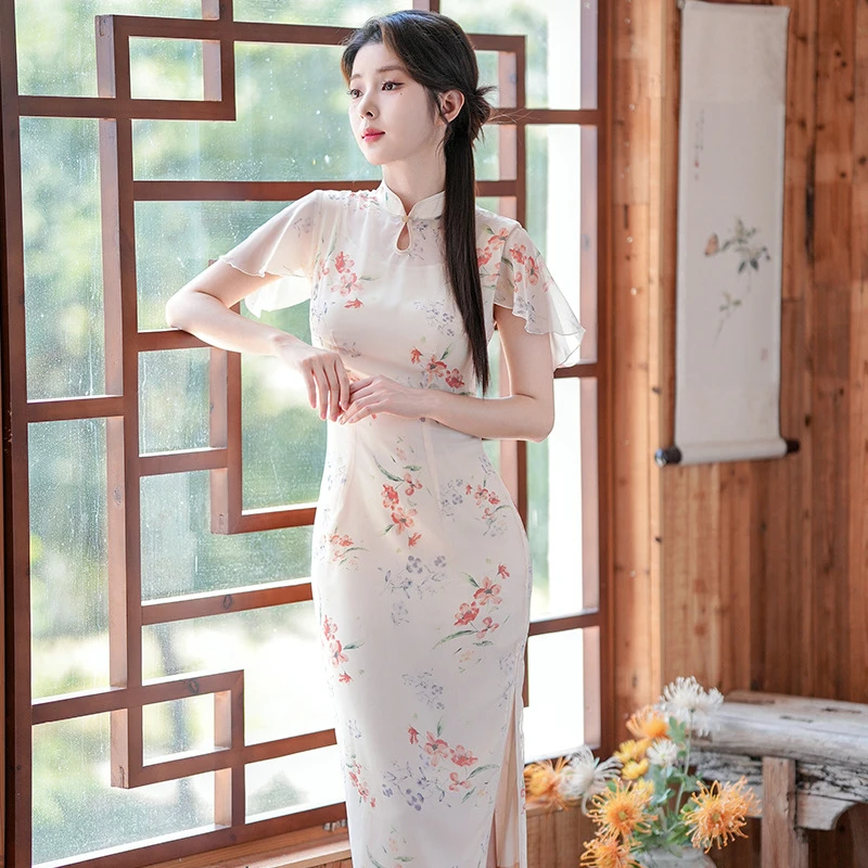 复古改良日常可穿文艺风小个子旗袍夏季花色印花连衣裙女款优雅