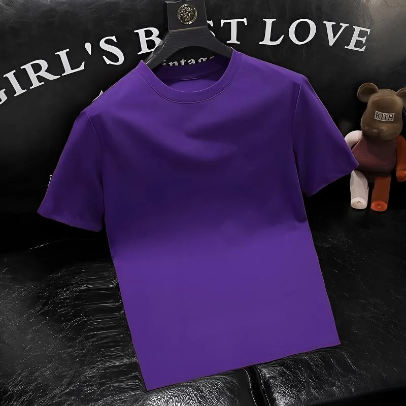 纯棉紫色T恤男经典百搭短袖休闲打底男士上衣高克重磅t恤圆领纯色