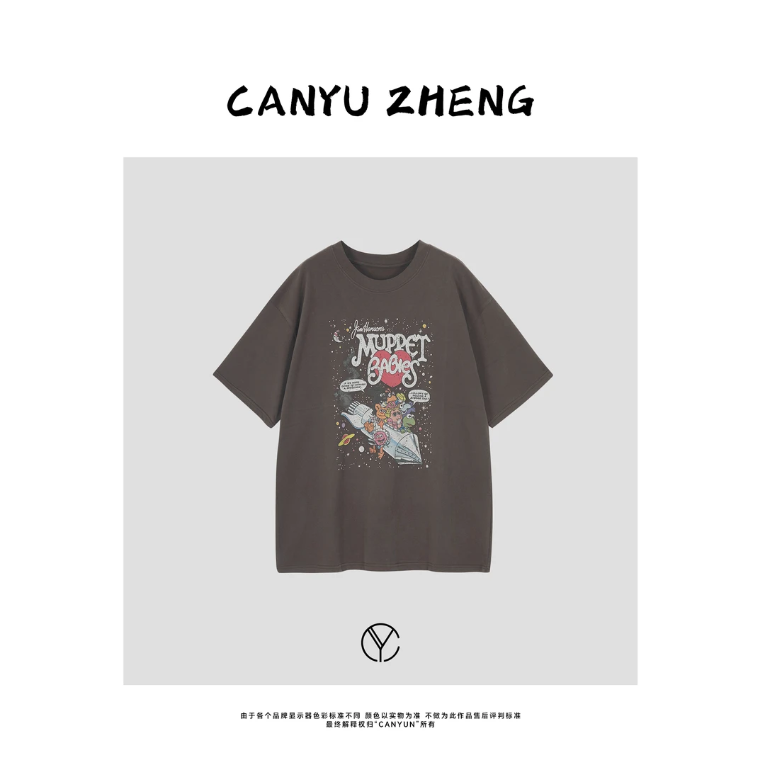 CANYU春夏 趣味涂鸦印花 全棉做旧短袖圆领T恤