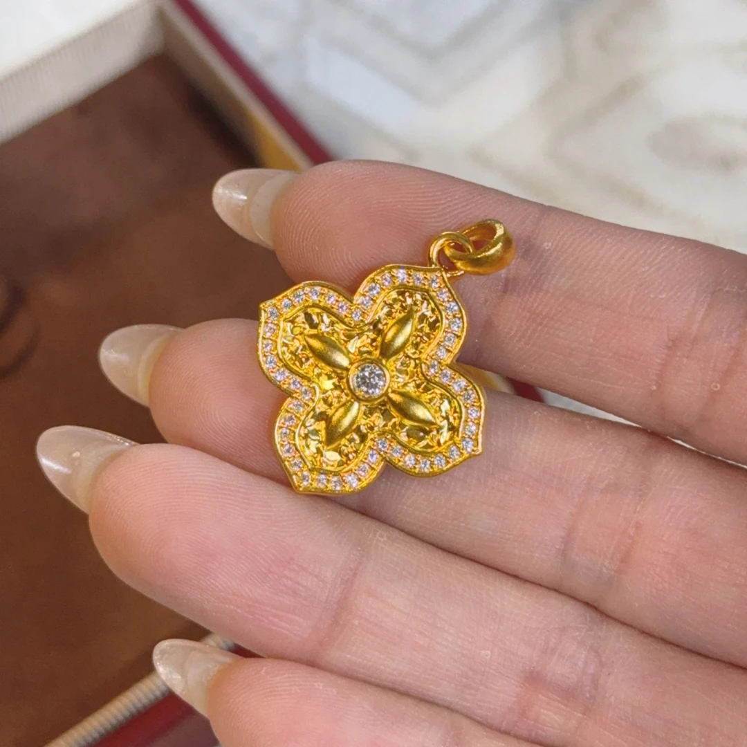 足金999 新款5D黄金四叶草【点钻四叶草】手工镶四叶草吊坠精致 T