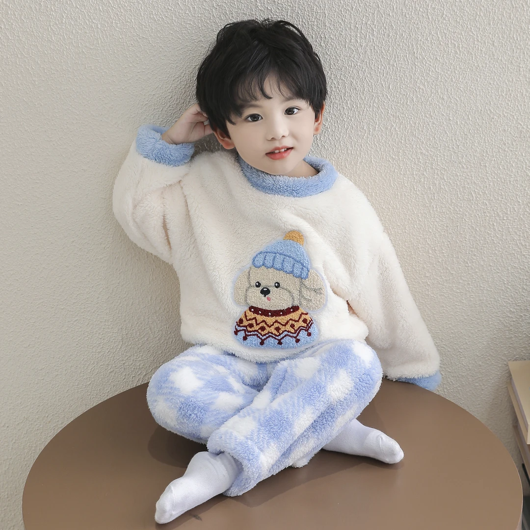 男童睡衣儿童法兰绒秋冬季男宝宝加厚家居服可爱卡通保暖睡衣套装