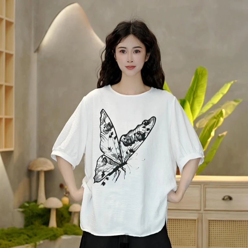 8906 夏季时尚蝴蝶印花宽松T恤洋气减龄圆领百搭短袖上衣