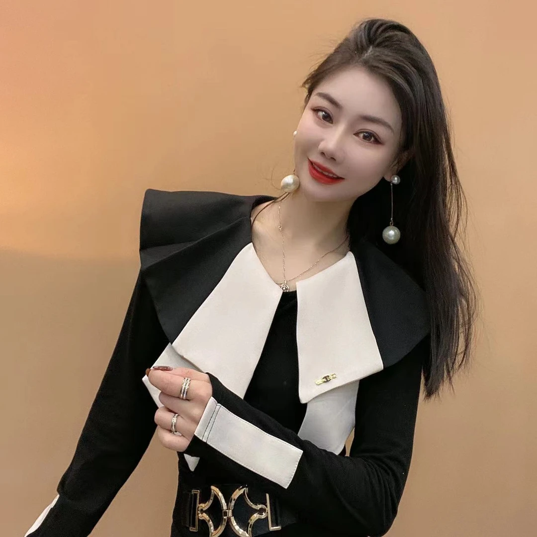 高级感时尚衬衫新款拼色披肩娃娃领修身百搭T恤