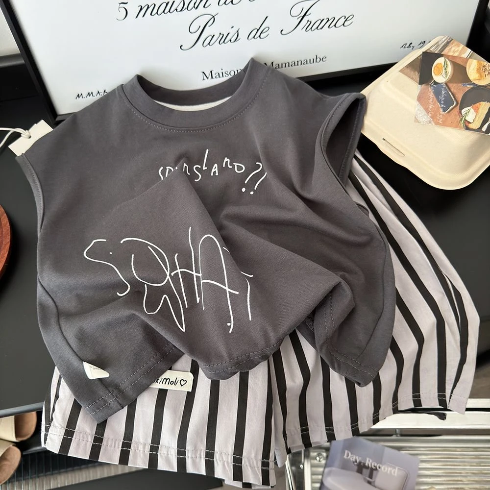 【纯棉套装】2025夏季新款儿童韩版爆款无袖坎肩竖条休闲裤宽松套装