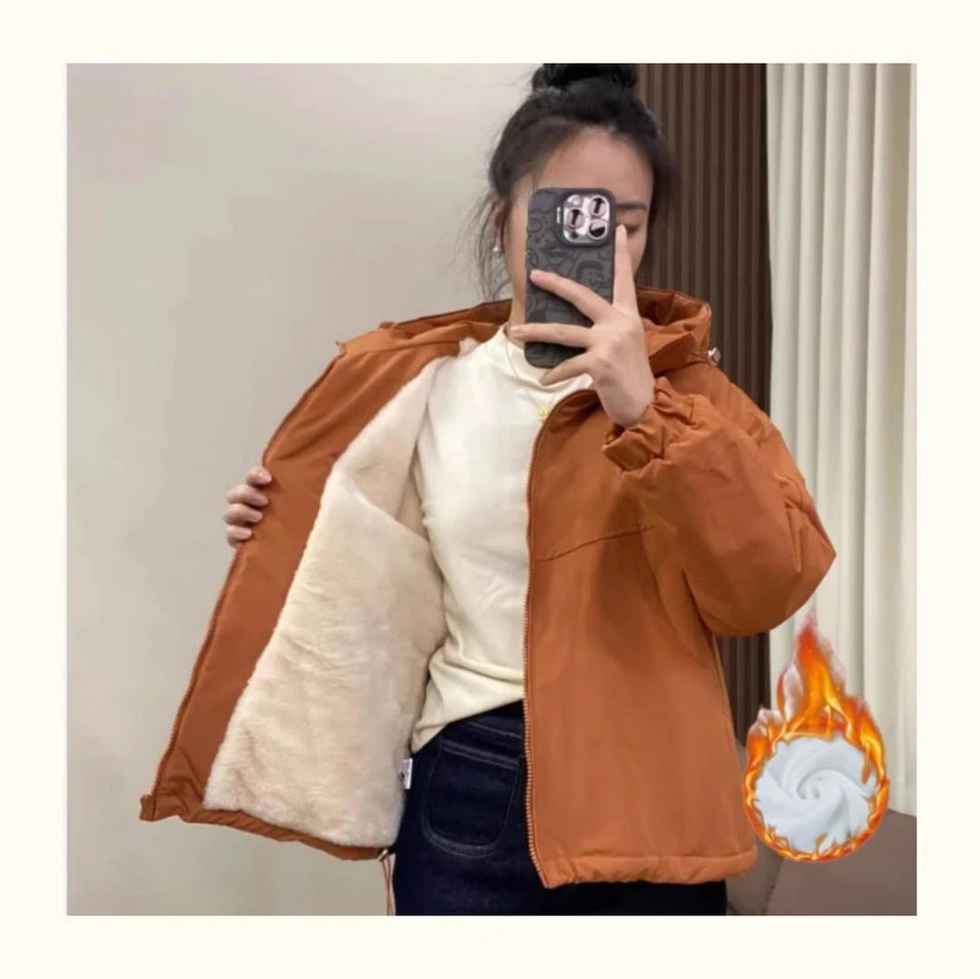 欧货双拉链连帽加绒外套女冬季新款2025韩版宽松显瘦小个子冲锋衣