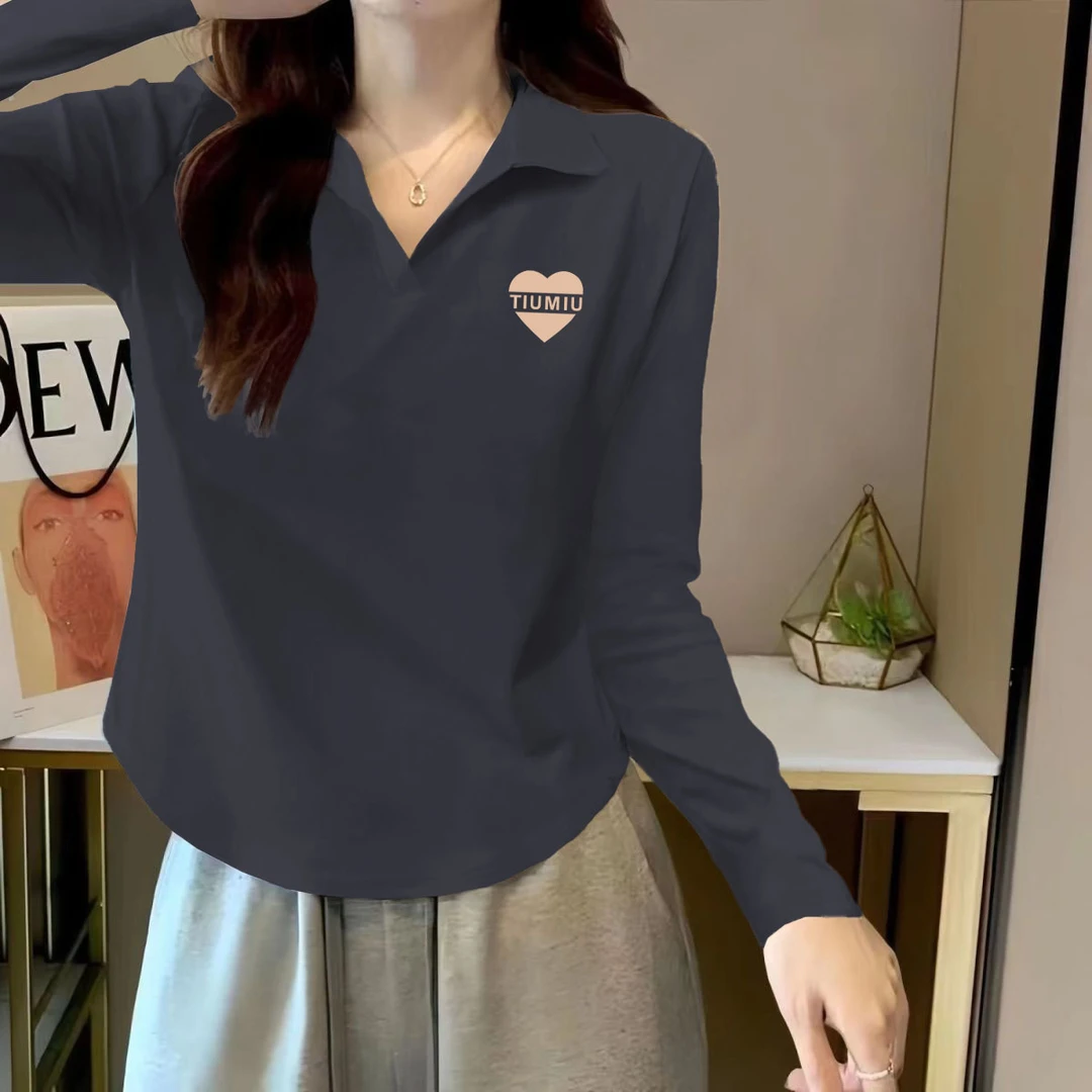 秋季设计感新款不规则下摆polo领纯棉简约长袖大码百搭薄款上衣女