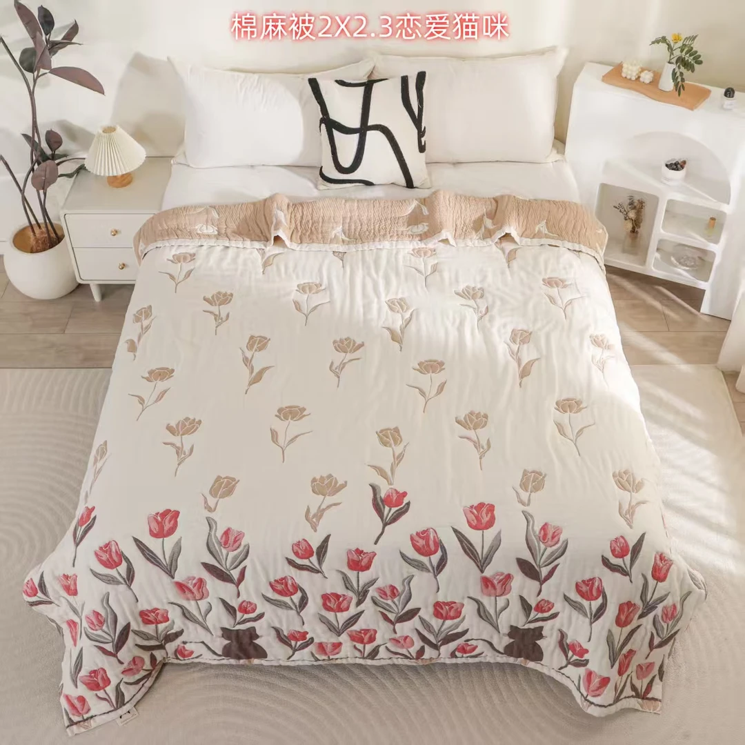 【恋爱猫咪】200*230cm亲肤柔软棉麻被舒适纱布四季通用多功能盖被