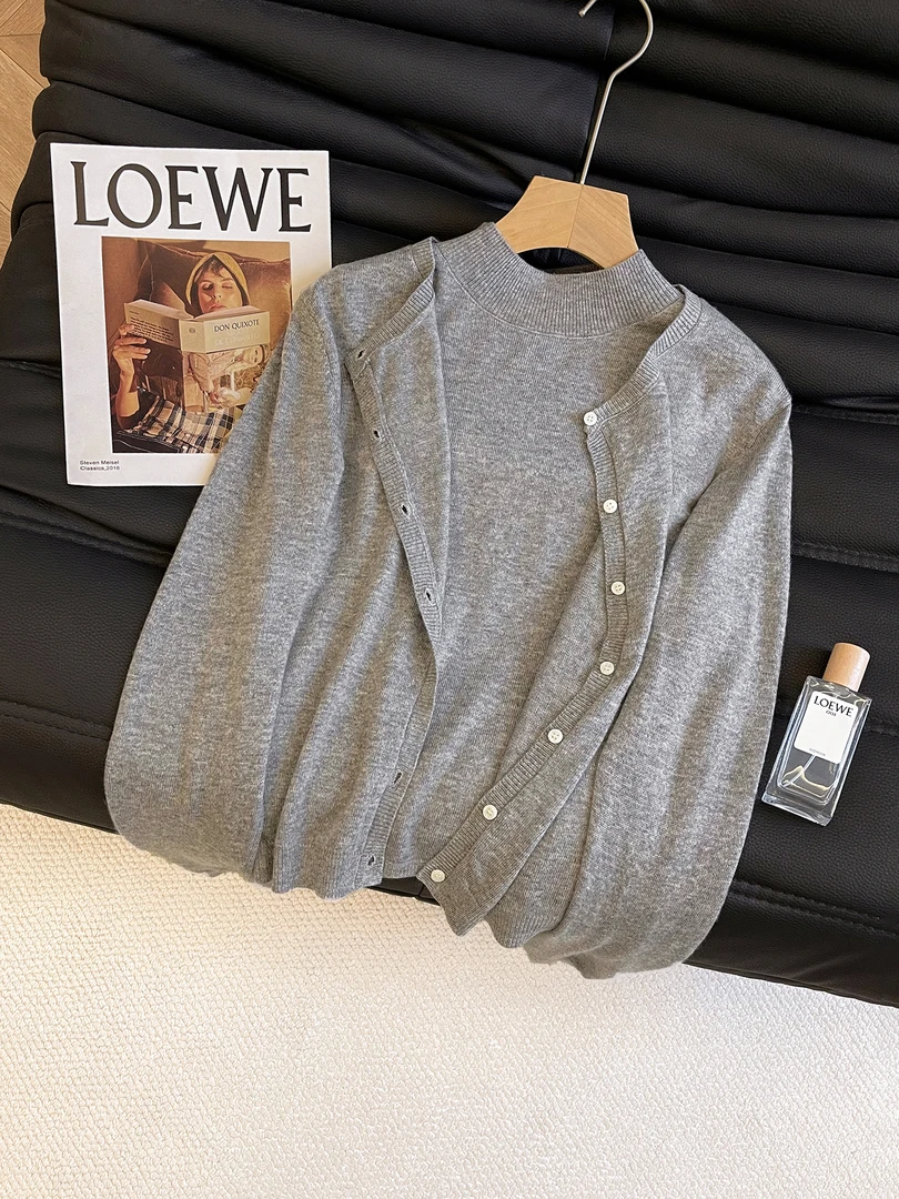 针织套装女士2025秋季新款通勤半高领无袖背心外搭长袖开衫两件套