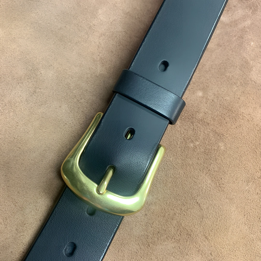 男士腰带（扁铜D字扣3.8宽）头层牛皮+手工定制百搭真皮针扣经典