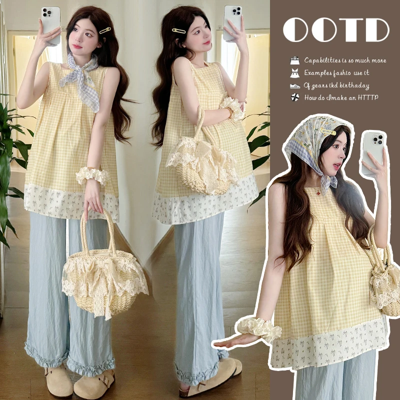 孕妈装夏季甜美韩版格子无袖上衣搭配2025新款时尚阔腿裤两件套装