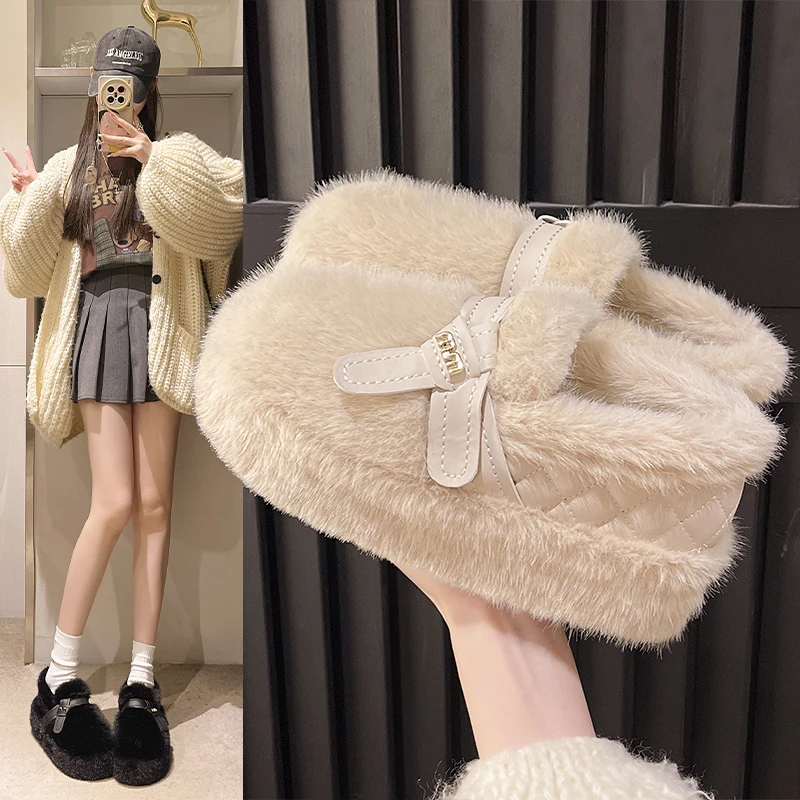 【美兰】厚底一脚蹬毛毛鞋女秋冬外穿洋气新款加绒保暖女棉鞋