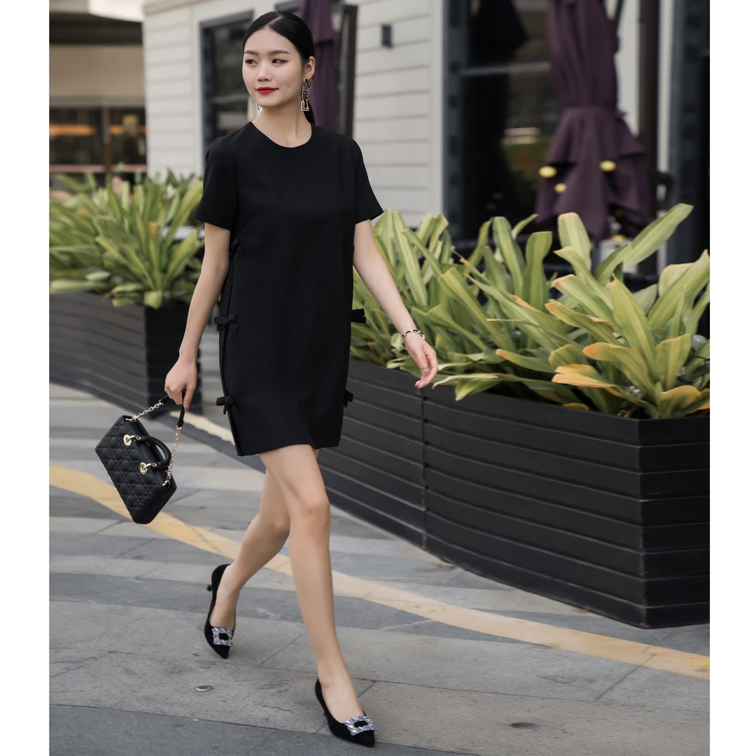 KADIMIYA减龄蝴蝶结气质连衣裙圆领女士裙子时尚国风紫色设计师