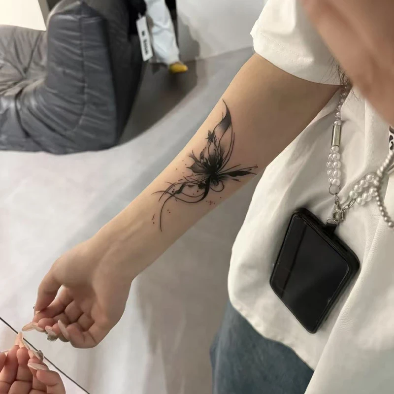 水墨蝴蝶草本果汁纹身贴防水仿真个性辣妹腰部手臂半永久刺青色潮