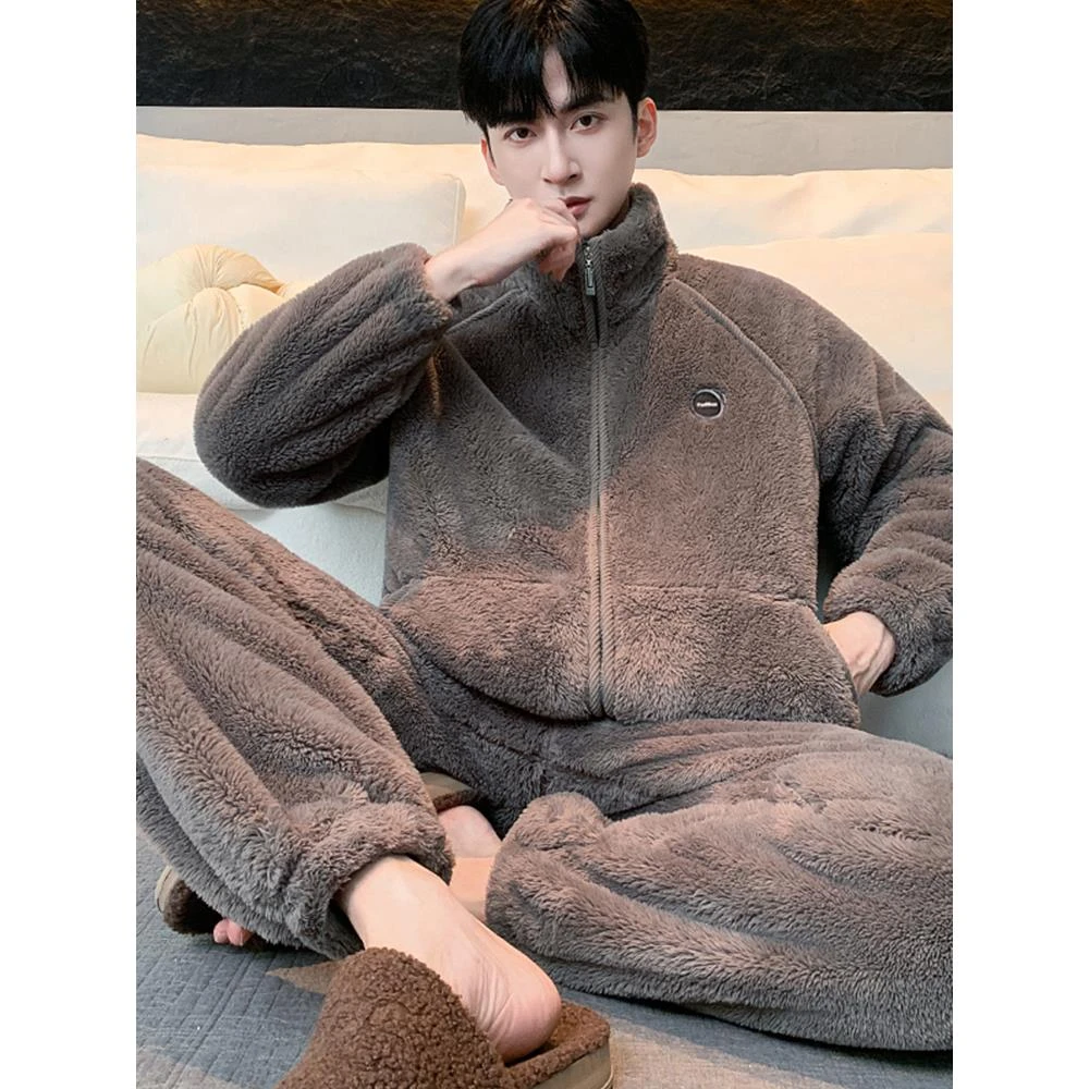 锁温保暖可外穿雪花绒家居服套装男士秋冬大码休闲宽松法兰绒睡衣
