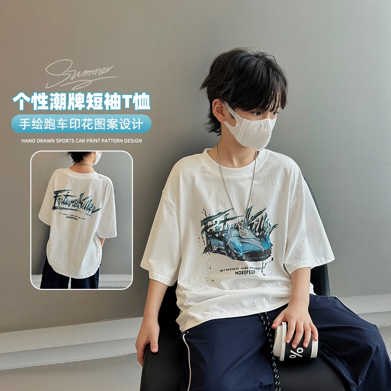 范米粒印花T恤男童休闲风短袖休闲上衣韩版夏季中大童男童