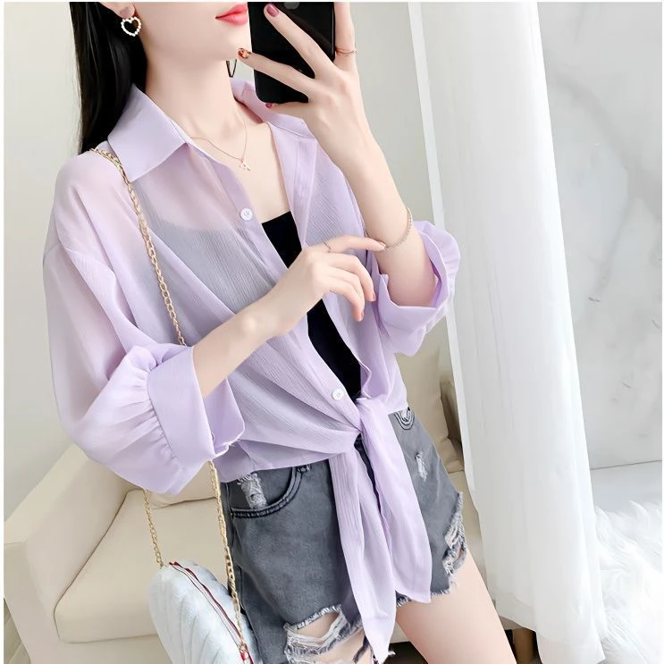 长袖衬衫女薄款百搭蝙蝠开衫短款雪纺空调衫外搭小披肩学生潮