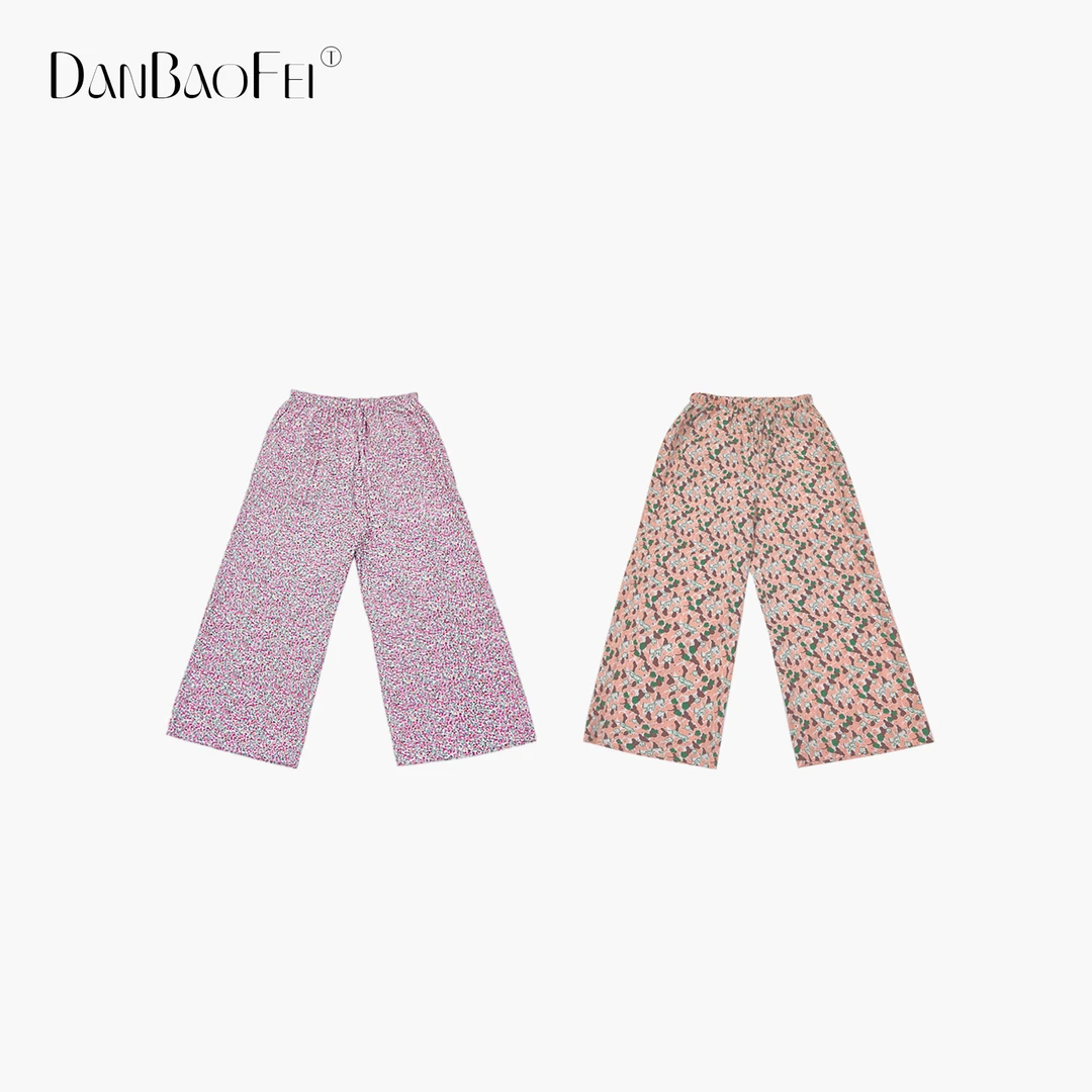 【柠檬】粉碎花 复古白底小碎花棉质松紧腰休闲阔腿裤YLM00768