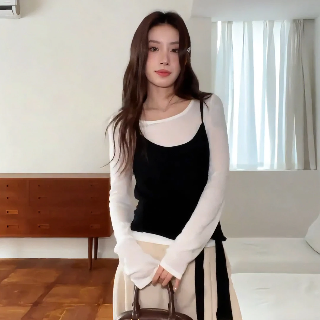 【9050】大码女装胖mm秋季穿搭一整套绑带吊带背心长袖T恤叠穿上衣