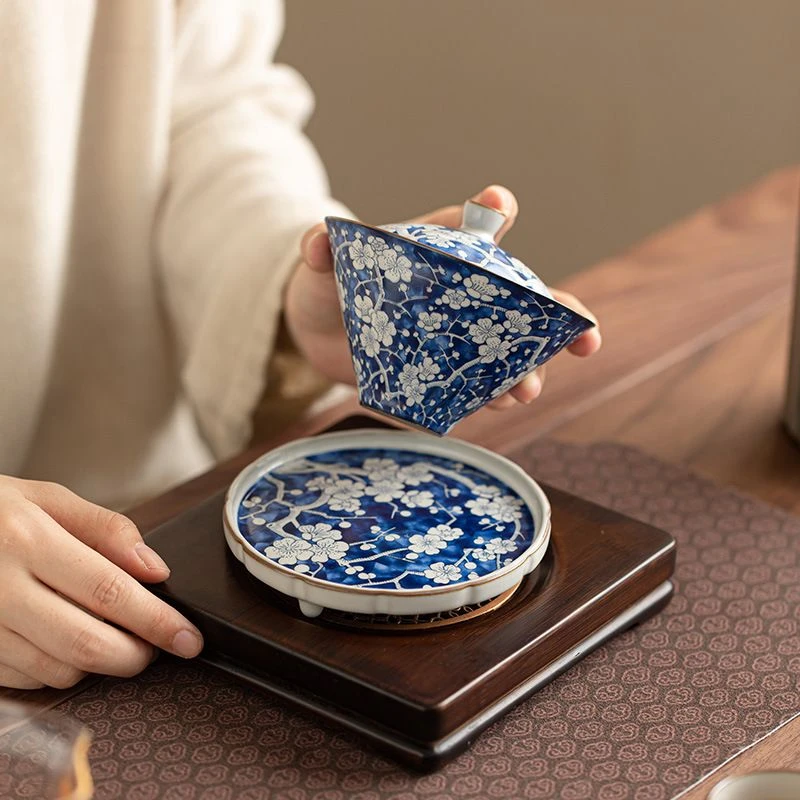 仿宋汝窑冰梅斗笠盖碗花家用户外盖茶碗带盖茶具泡茶碗三才敬茶碗