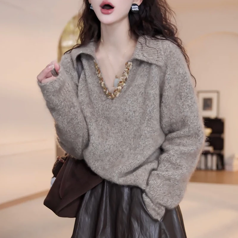 重工编织翻领毛衣女春秋2025新款复古长袖宽松显瘦百搭时尚针织衫
