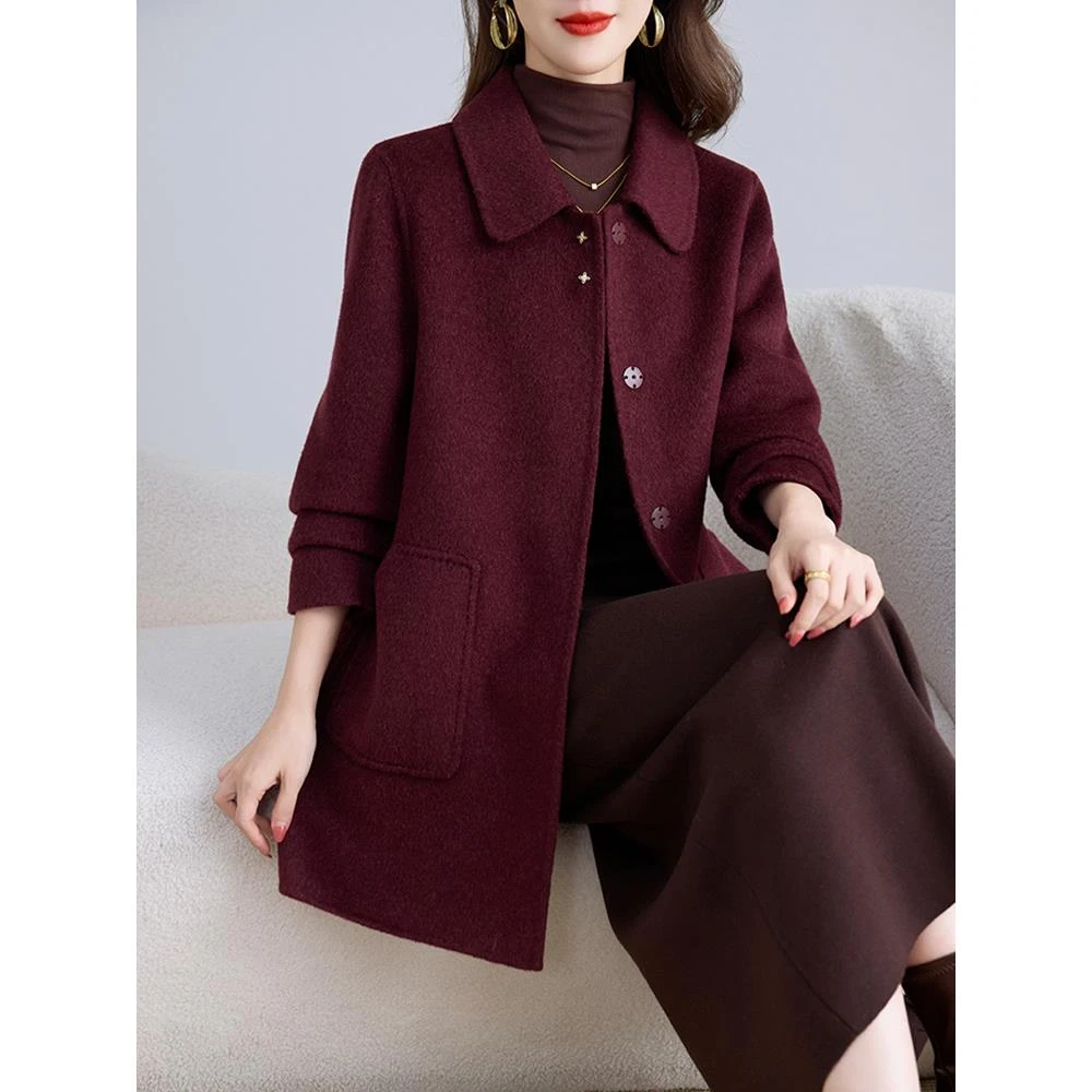 秋冬轻奢时尚双面呢外套女中长款纯羊毛遮肉显瘦妈妈呢子大衣保暖