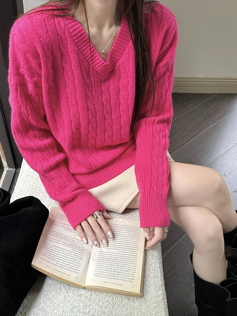 麻花套头V领毛衣女秋冬季2025新款爆款慵懒风软糯加厚针织上衣