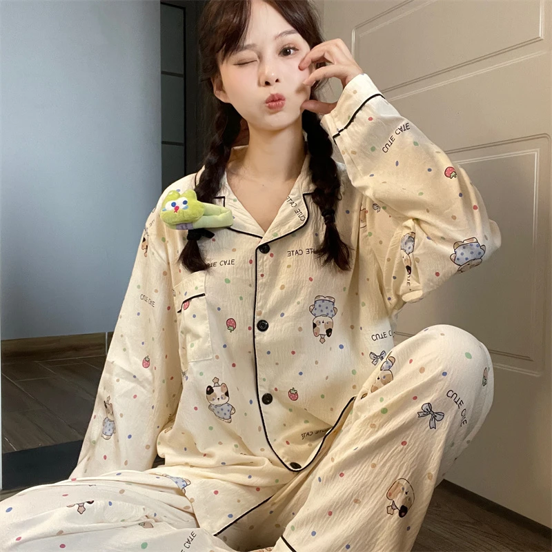 【彩色波点小狗】云朵棉睡衣女款春秋季长袖长裤套装日系卡通家居服