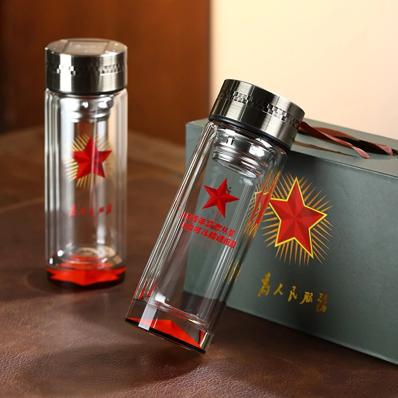 双层水晶玻璃杯男士办公水杯子八一战友聚会退伍活动纪念高档礼盒