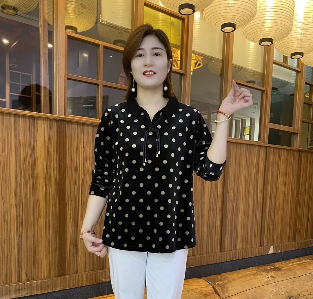 秋季翻领时尚丝绒波点气质减龄宽松显瘦妈妈装洋气衫